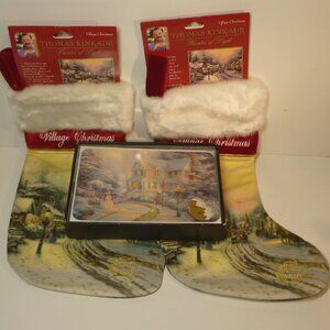 TWO Thomas Kinkade "Village Christmas" Stockings  and ONE box Christmas Cards